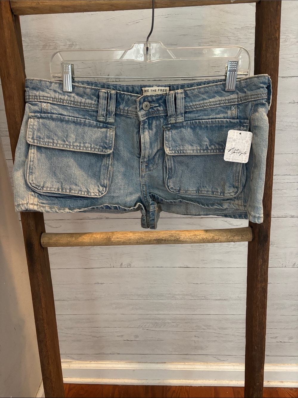 We The Free Light Blue Denim Cargo Pocket Shorts